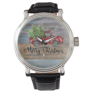 Vrolijk kerstgerei met hout en rode rommel horloge