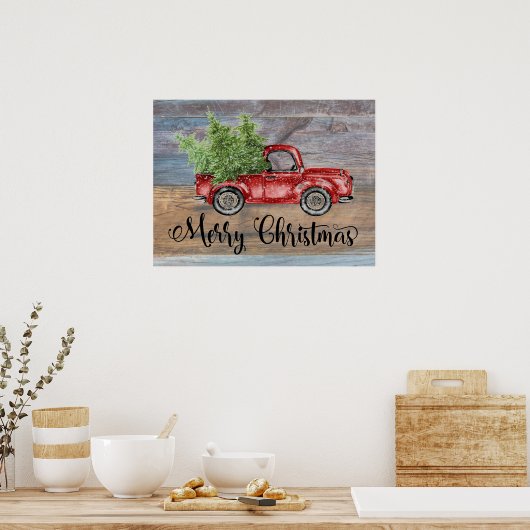 Vrolijk kerstgerei met hout en rode rommel poster (Keuken)