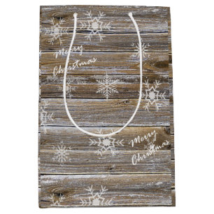 Vrolijk kerstgerei met hout en snowflakes medium cadeauzakje