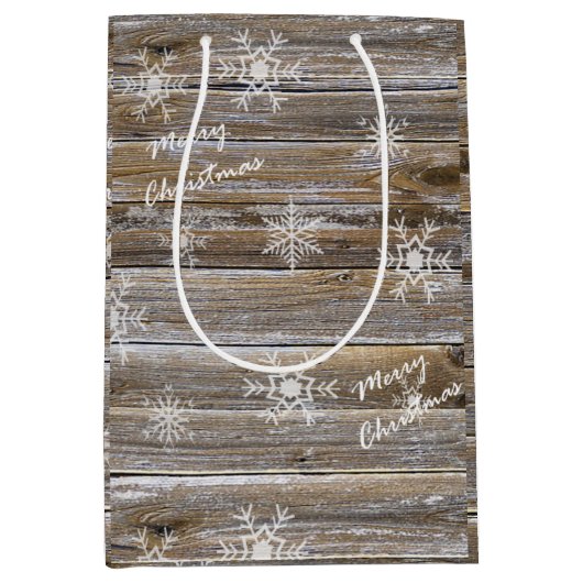 Vrolijk kerstgerei met hout en snowflakes medium cadeauzakje (Voorkant)