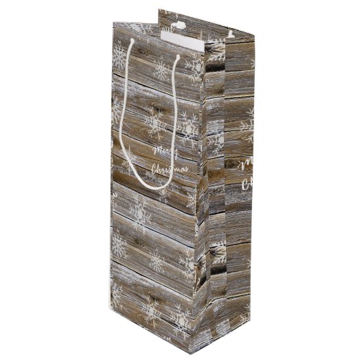 Vrolijk kerstgerei Rustic Wood en Snowflakes Rusti Wijn Cadeautas (Voorkant Gekanteld)