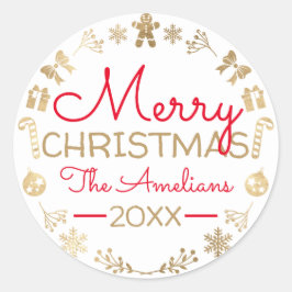 Vrolijk kerstgeschreeuw Gold Red Name Cottage Whit Ronde Sticker
