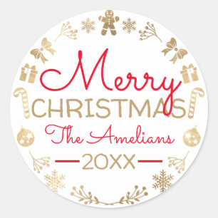 Vrolijk kerstgeschreeuw Gold Red Name Cottage Whit Ronde Sticker