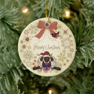 Vrolijk kerstgeschut met Cute Sheep en Bird Keramisch Ornament