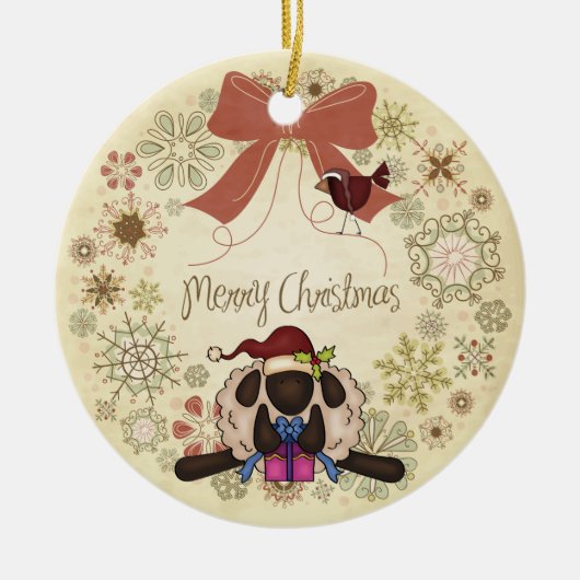 Vrolijk kerstgeschut met Cute Sheep en Bird Keramisch Ornament (Voorkant)
