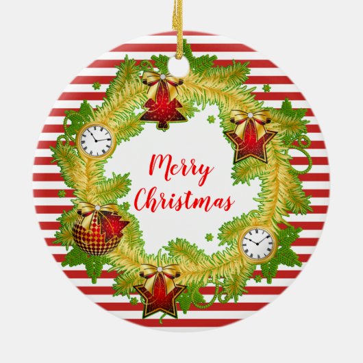 Vrolijk kerstgeschut & Stripes Keramisch Ornament (Achterkant)