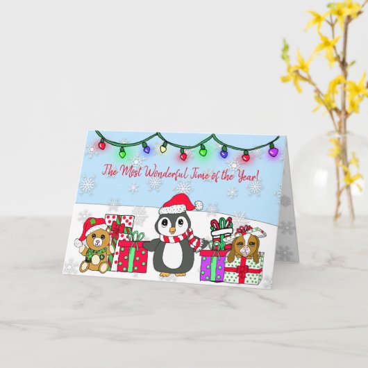 Vrolijk kerstgewas Whimsical Penguin Kaart (Gele Bloem)