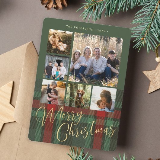 Vrolijk Kerstgezin 6 foto's rood groen goud Folie Feestdagenkaart