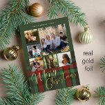 Vrolijk Kerstgezin 6 foto's rood groen goud Folie Feestdagenkaart<br><div class="desc">Elegante stijlvolle plaid tartan echte gouden folie Vrolijk kerstscript zes familiefoto's klassieke rode bos groene vakantiepas met uw aangepaste gepersonaliseerde tekst aan beide zijden.</div>
