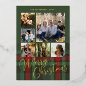 Vrolijk Kerstgezin 6 foto's rood groen goud Folie Feestdagenkaart (Voorkant)