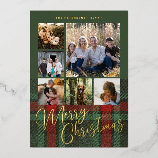 Vrolijk Kerstgezin 6 foto's rood groen goud Folie Feestdagenkaart (Voorkant)
