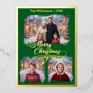 Vrolijk kerstgezin, drie foto's, groen folie feestdagen briefkaart
