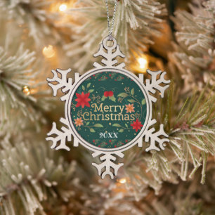 Vrolijk kerstgezin en Eerste Kerstdag Tin Sneeuwvlok Ornament