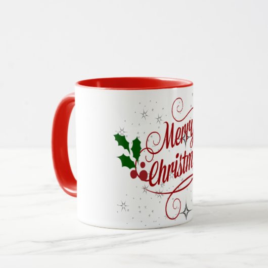 Vrolijk kerstglans en rode tekst mok (Voorkant links)