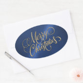 Vrolijk kerstgoud en blauw gegaufreerd uiterlijk ovale sticker (Envelop)
