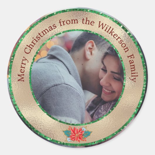 Vrolijk kerstgoud en groene Glitter Aangepaste Fot Ronde Sticker (Voorkant)