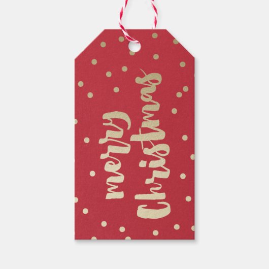 Vrolijk kerstgoud en rood confetti cadeaulabel (Voorkant)