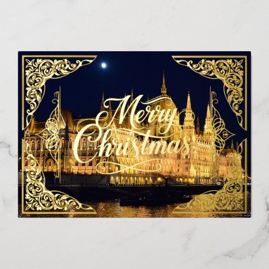Vrolijk kerstgoud folie, Boedapest Folie Feestdagenkaart (Voorkant)
