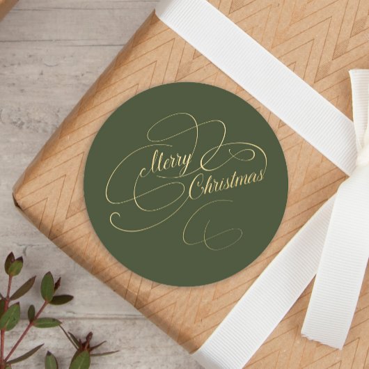Vrolijk kerstgoud groen elegant script ronde sticker