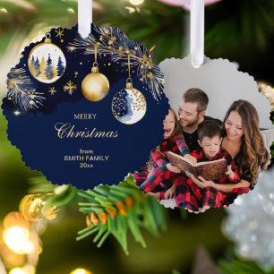 Vrolijk kerstgoud marine blauwe baubles foto ornament kaart
