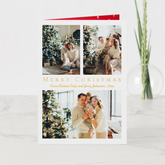 Vrolijk kerstgoud script 3 foto's collage folie feestdagenkaart (Voorkant)