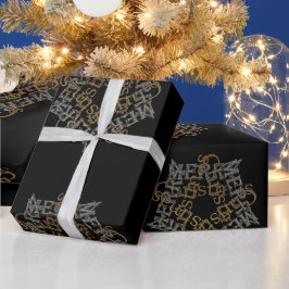 Vrolijk kerstgoud & zilveren ster, zwart groot cadeaupapier