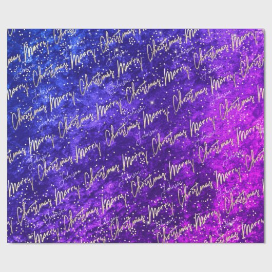 Vrolijk kerstgouden script met de naam Blauw Roze Cadeaupapier (Vlak)