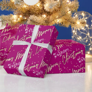 Vrolijk kerstgouden script met de naam roze Berry Cadeaupapier