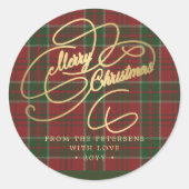 Vrolijk kerstgouden script plaid gepersonaliseerd ronde sticker (Voorkant)