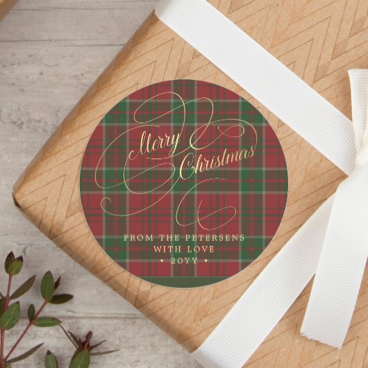 Vrolijk kerstgouden script plaid gepersonaliseerd ronde sticker