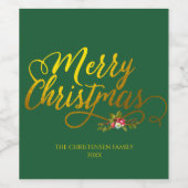 Vrolijk kerstgouden script Red Holly Wijn Etiket (Enkel label)
