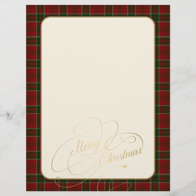Vrolijk kerstgouden script rood groen plaid lijst briefhoofd (Voorkant)