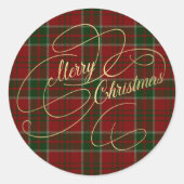 Vrolijk kerstgouden script rood groen plaid tartan ronde sticker (Voorkant)
