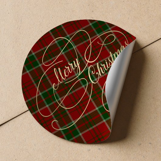 Vrolijk kerstgouden script rood groen plaid tartan ronde sticker