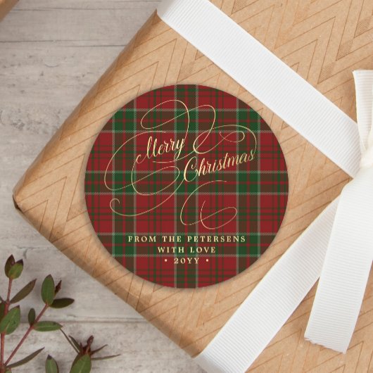 Vrolijk kerstgouden script rood groen plaid tartan ronde sticker