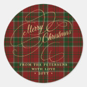 Vrolijk kerstgouden script rood groen plaid tartan ronde sticker (Voorkant)