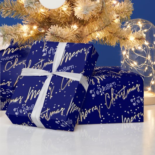 Vrolijk kerstgouden script van naam blauwe marine cadeaupapier (Feestdagen)