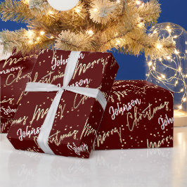 Vrolijk kerstgouden script van naam Maroon Red Cadeaupapier