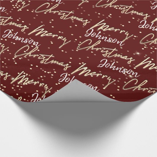Vrolijk kerstgouden script van naam Maroon Red Cadeaupapier (Hoek)