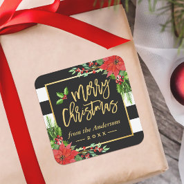 Vrolijk kerstgoudschrift met Floral Decor Vierkante Sticker