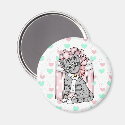 Vrolijk kerstgrijs Kitten Roze Bow Magneet (Voorkant / Achterkant)