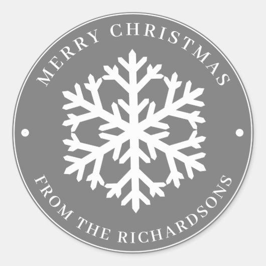 Vrolijk kerstgrijs Ronde White Snowflake Ronde Sticker (Voorkant)
