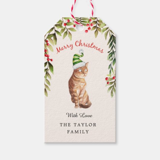Vrolijk kerstgroen blad rode bessen kattenliefhebb cadeaulabel (Voorkant)