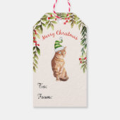 Vrolijk kerstgroen blad rode bessen kattenliefhebb cadeaulabel (Achterkant)
