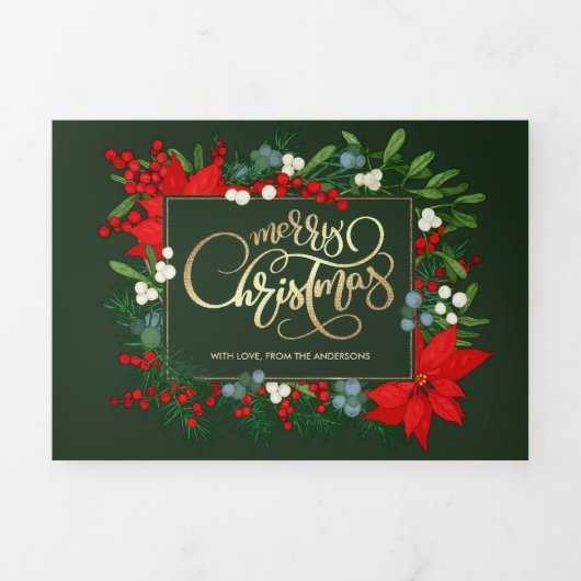 Vrolijk Kerstgroen Bloemen Multi Foto Drieluik Kaart (Cover)