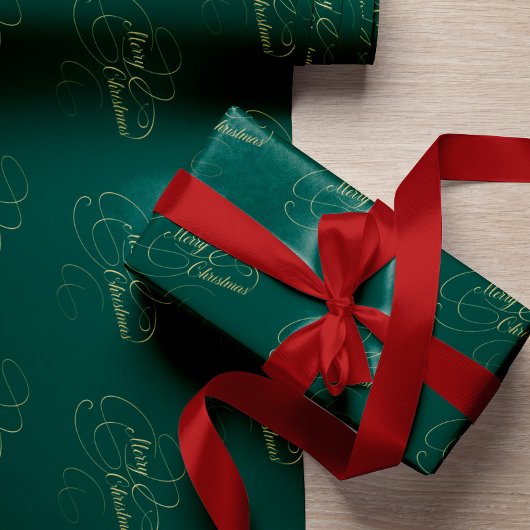 Vrolijk kerstgroen en goud elegant script cadeaupapier