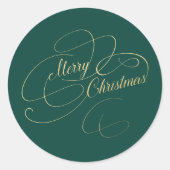 Vrolijk kerstgroen en goud elegant script ronde sticker (Voorkant)