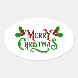 Vrolijk Kerstgroen en Red Holly Graphic Ovale Sticker