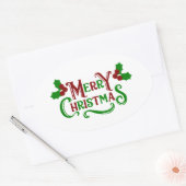 Vrolijk Kerstgroen en Red Holly Graphic Ovale Sticker (Envelop)