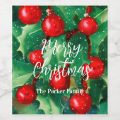 Vrolijk kerstgroen en rode bessen wijn etiket (Enkel label)